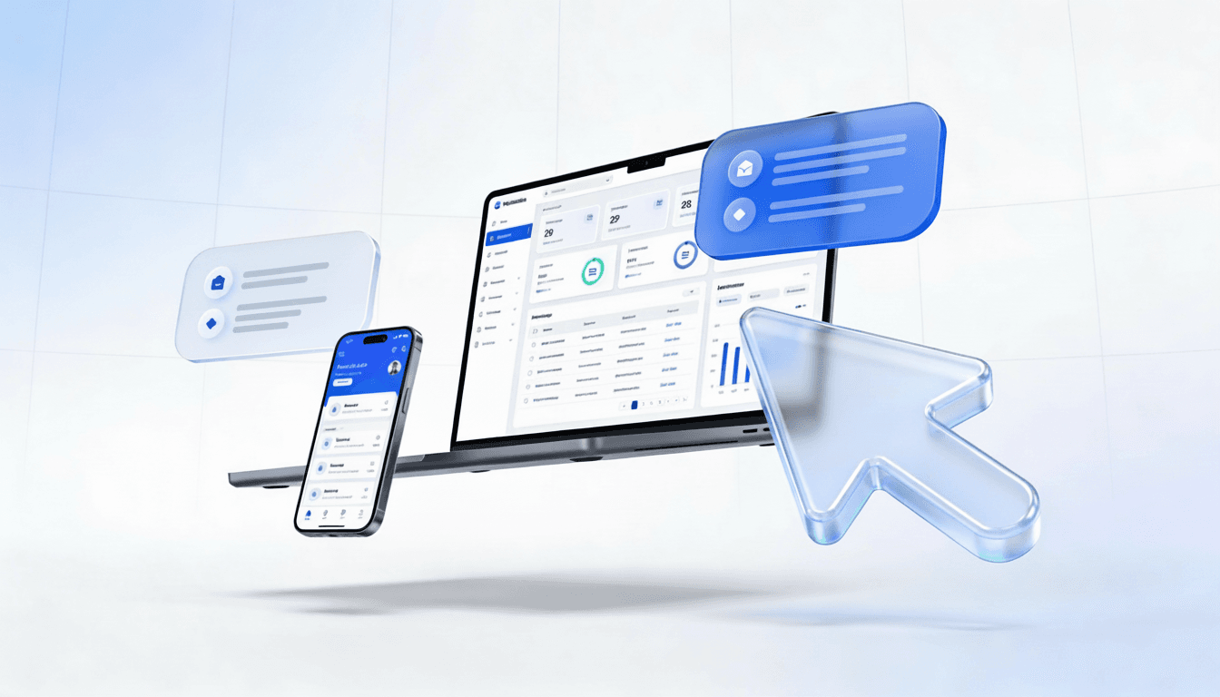 Парящие ноутбук и смартфон с интерфейсами приложений на светлом фоне с сеткой. Вокруг устройств - стеклянные пузыри сообщений и прозрачный курсор мыши, символизирующие цифровую коммуникацию